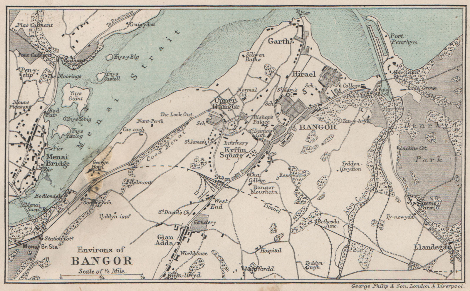BANGOR vintage town/city plan. Menai Bridge. Wales. WARD LOCK 1901 old map